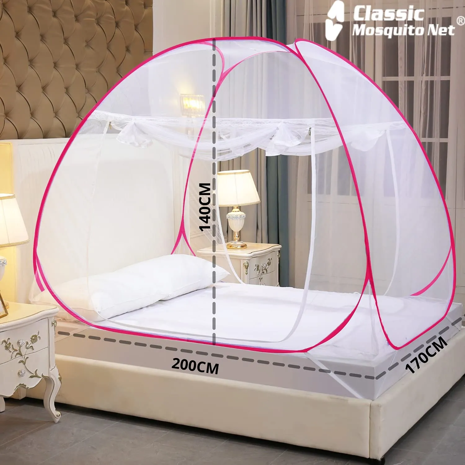 Classic Mosquito Net for Bed Queen Size | Polyester 28GSM Strong Net | HD Coated Corrosion Resistant Steel Wire - Pink