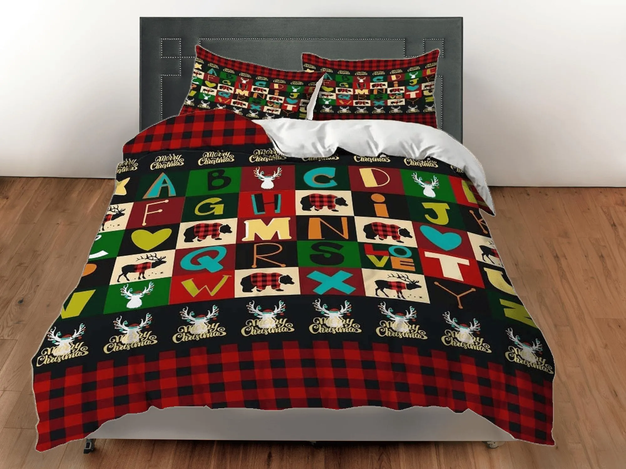 Colorful alphabet red plaid duvet cover set christmas full size bedding & pillowcase, college bedding, crib toddler bedding, holiday gift