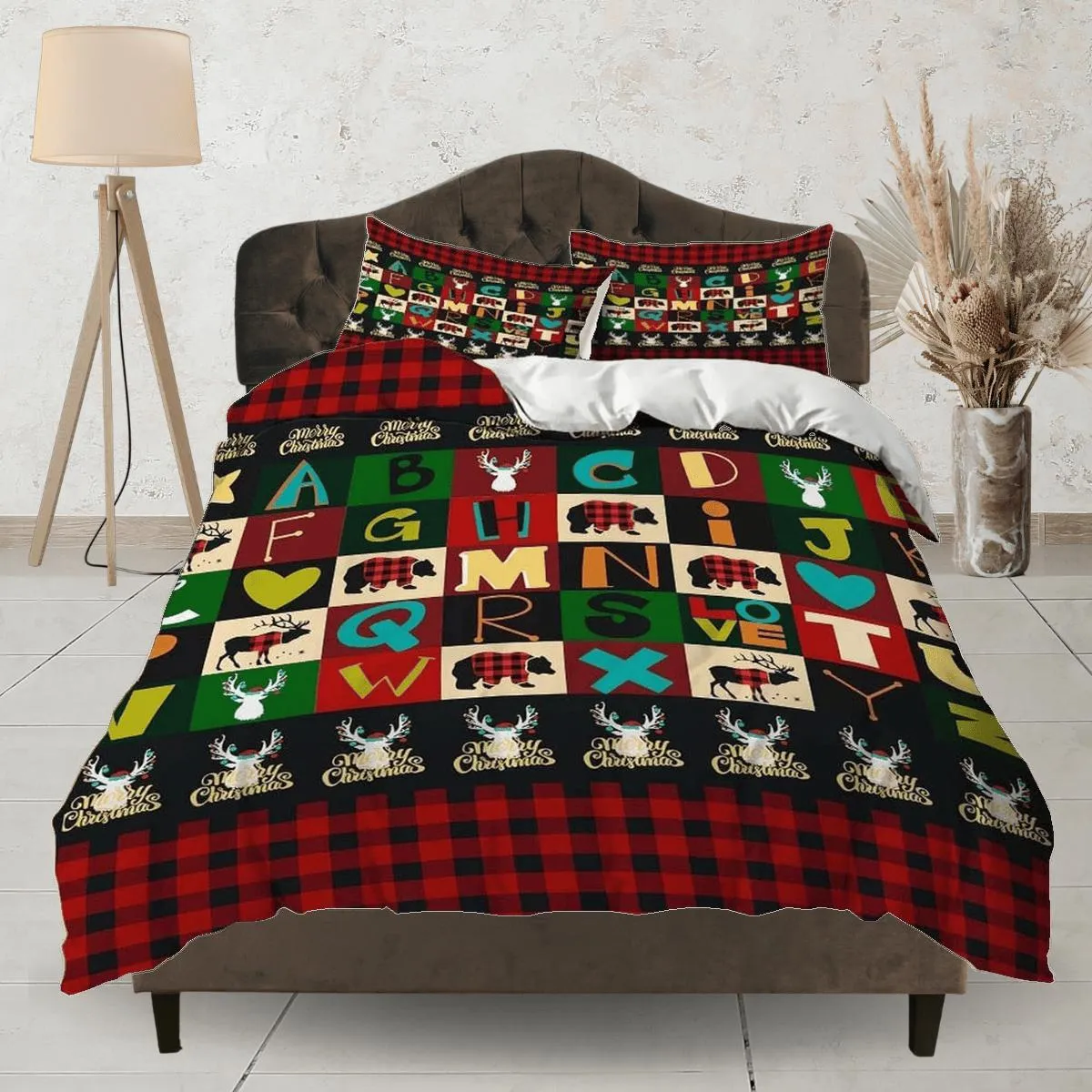 Colorful alphabet red plaid duvet cover set christmas full size bedding & pillowcase, college bedding, crib toddler bedding, holiday gift