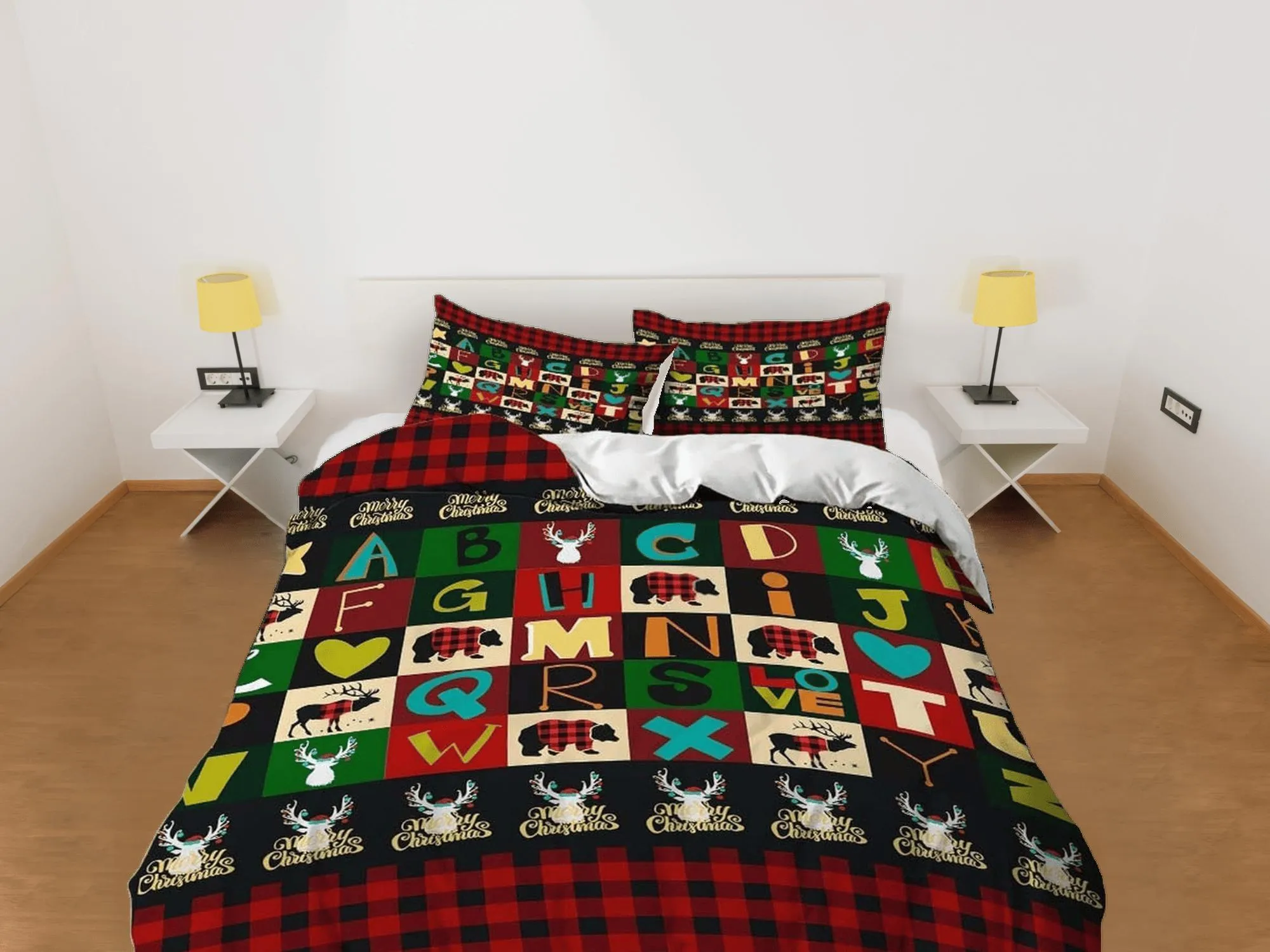 Colorful alphabet red plaid duvet cover set christmas full size bedding & pillowcase, college bedding, crib toddler bedding, holiday gift