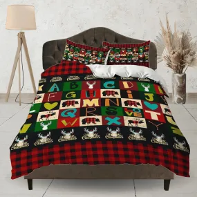 Colorful alphabet red plaid duvet cover set christmas full size bedding & pillowcase, college bedding, crib toddler bedding, holiday gift