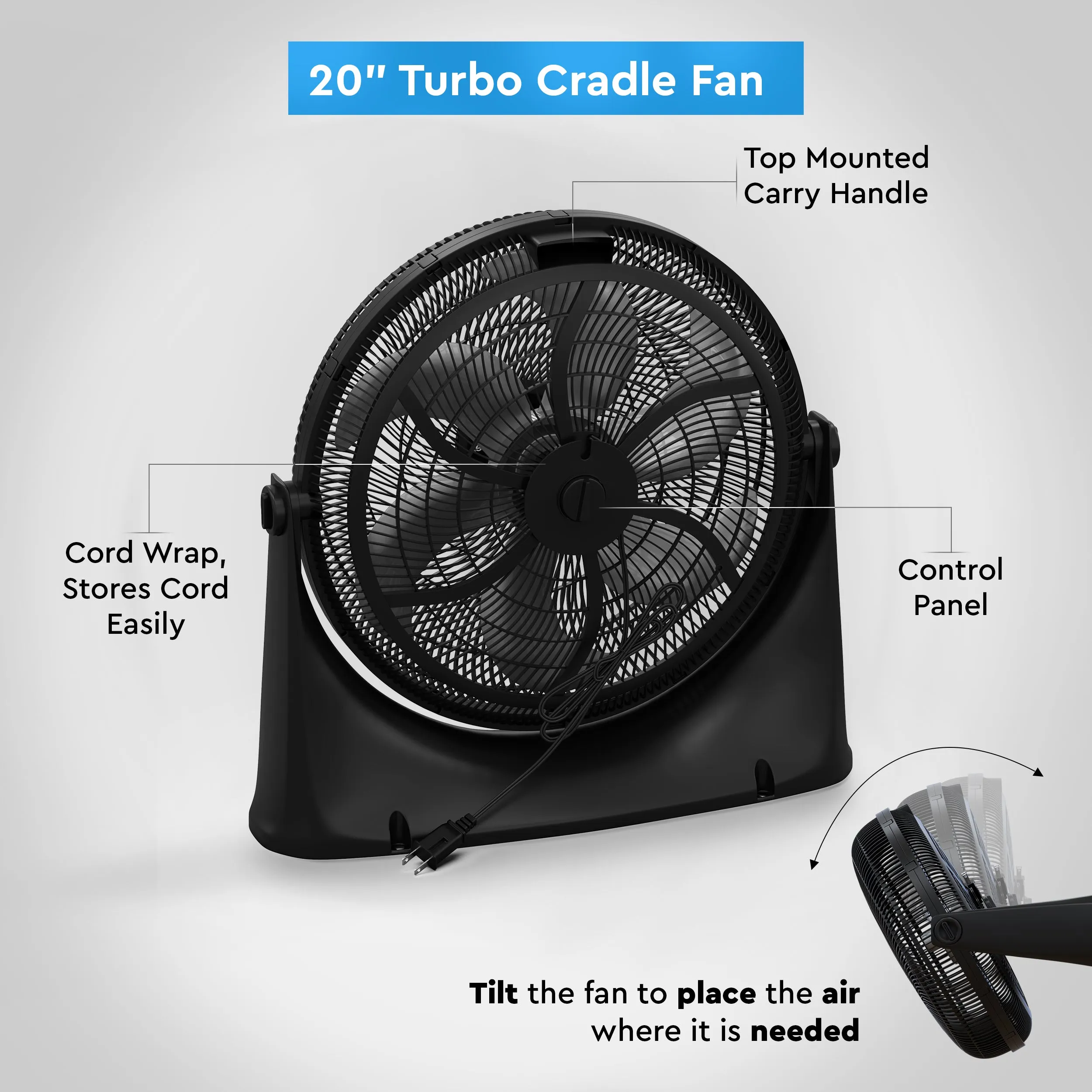 Comfort Zone 20" 3-Speed Powr Curve Floor Fan in Black/Silver