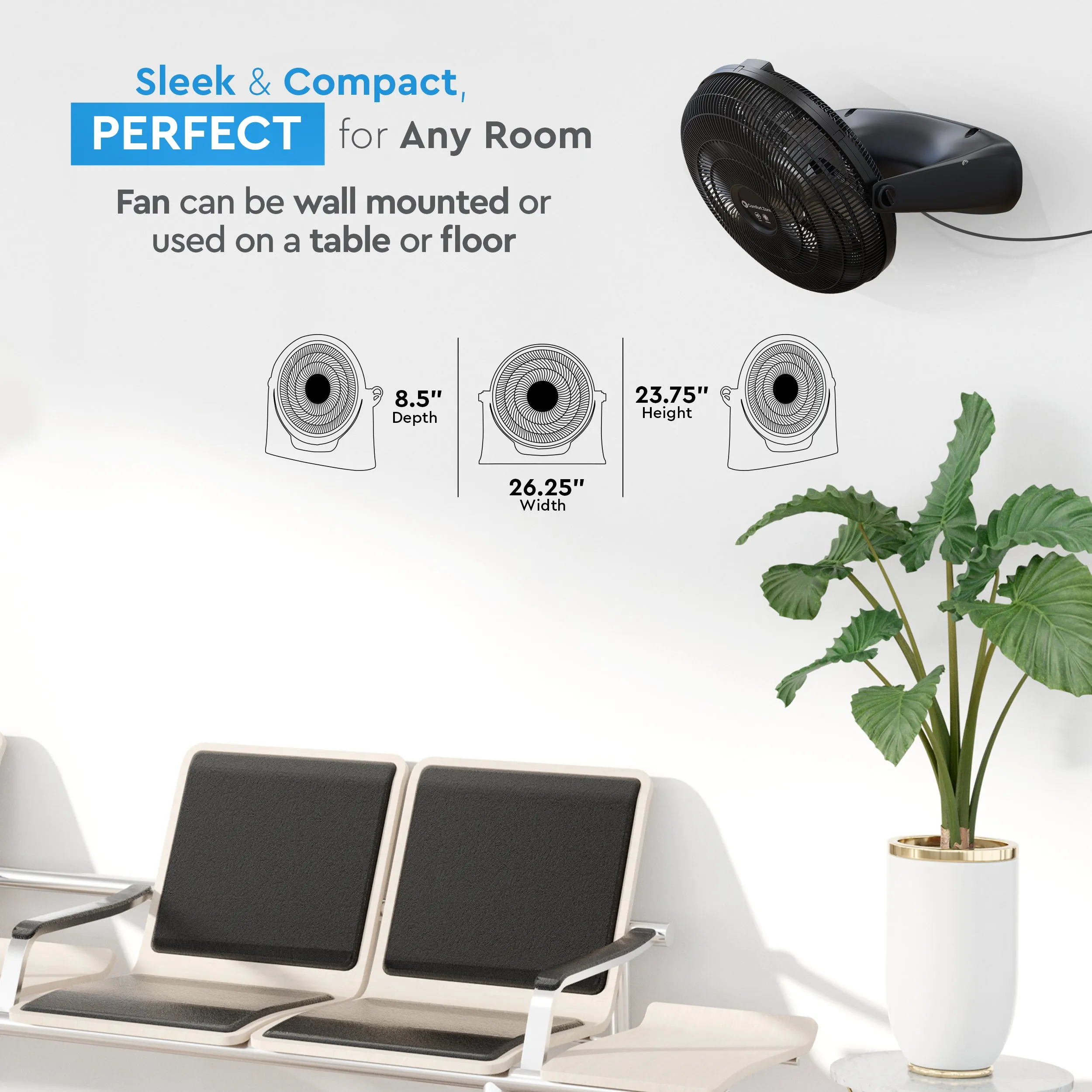 Comfort Zone 20" 3-Speed Powr Curve Floor Fan in Black/Silver