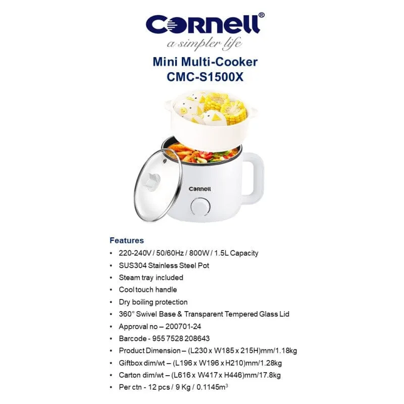 Cornell 1.5L Mini Multi Cooker with Steam Tray CMCS1500X