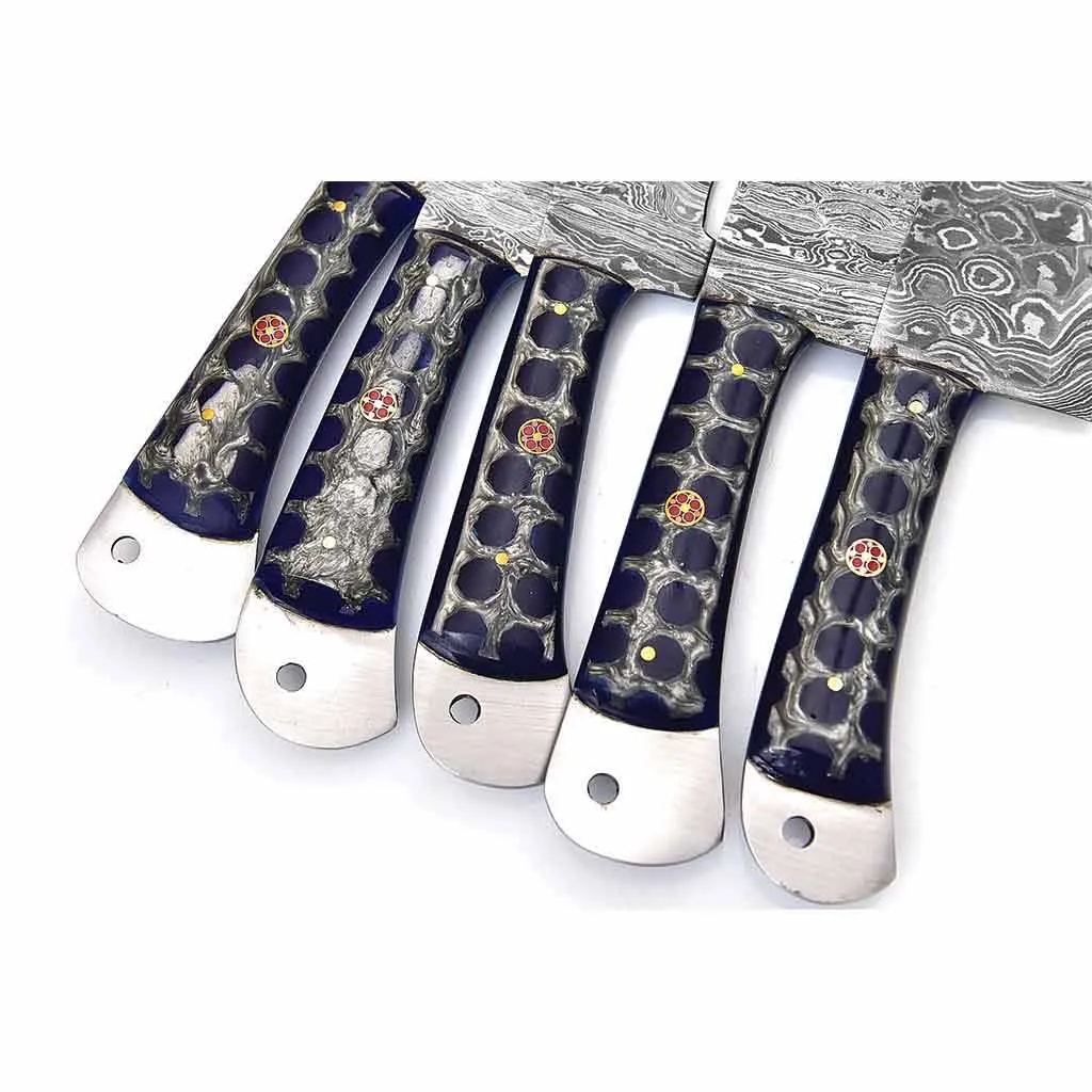 Damascus Kitchen Knives Set of 5 with Resin Blue Handles KST1601BLE