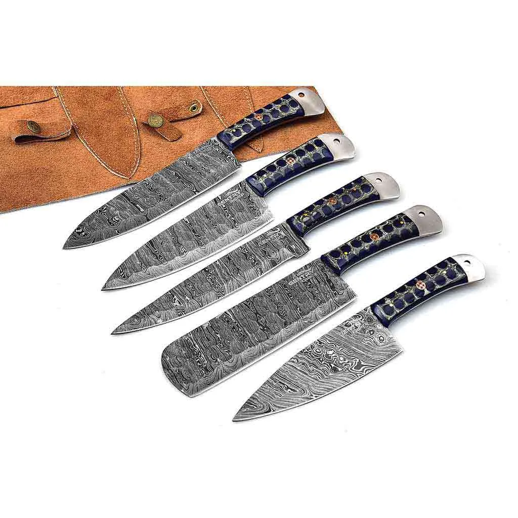 Damascus Kitchen Knives Set of 5 with Resin Blue Handles KST1601BLE