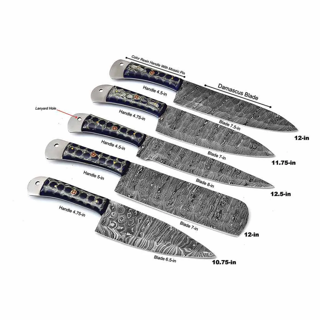 Damascus Kitchen Knives Set of 5 with Resin Blue Handles KST1601BLE