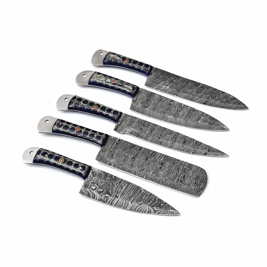 Damascus Kitchen Knives Set of 5 with Resin Blue Handles KST1601BLE