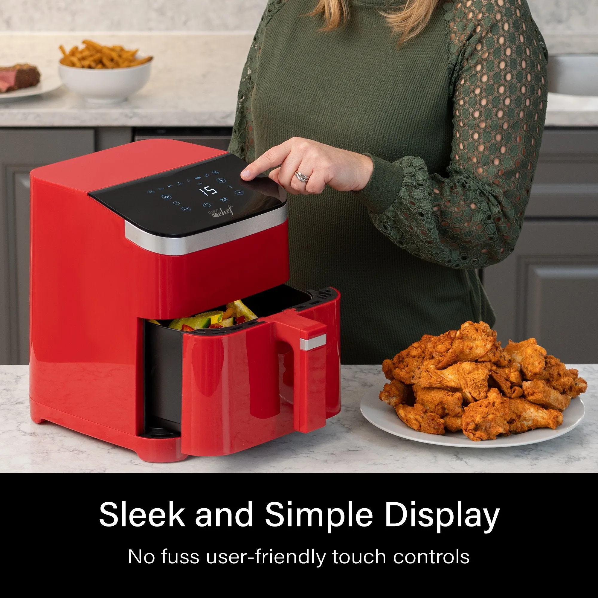 Deco Chef 5.8QT Air Fryer, Digital Touch Controls, Recipes, Red 8 Smart Cooking Programs