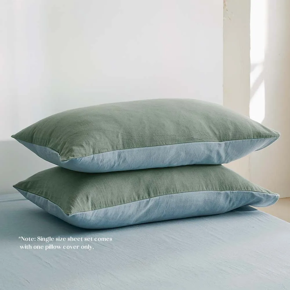 Deluxe Washed Cotton Sheet Set Green Blue Single