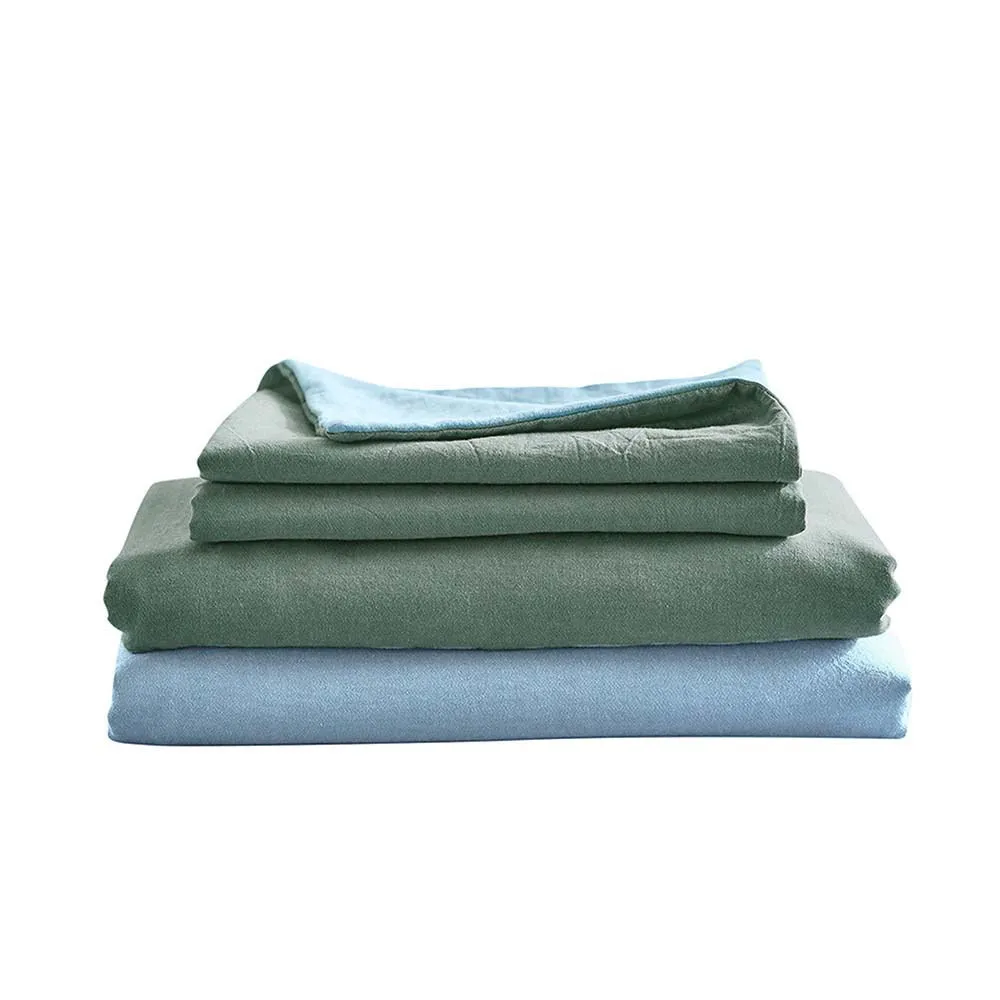 Deluxe Washed Cotton Sheet Set Green Blue Single