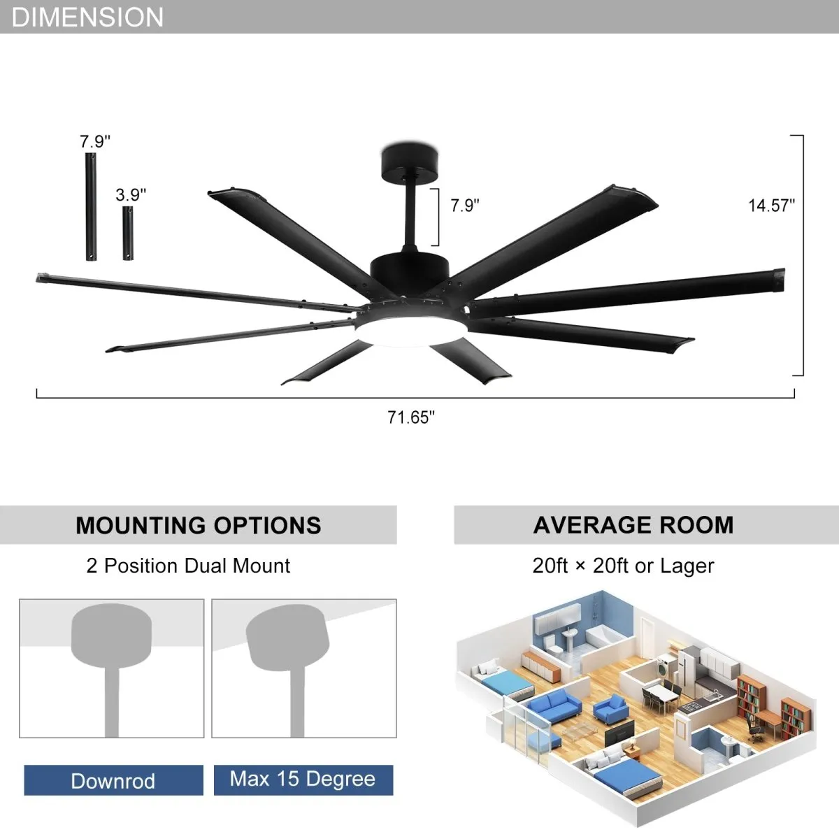 Depuley 72" Large Ceiling Fan with Lights and Remote Control, Farmhouse Black LED Ceiling Fan, Reversible Motor and 8 Blades, 3CCT Selectable Fan Lights for Living Room Porch Patio, 6-Speed, Timer