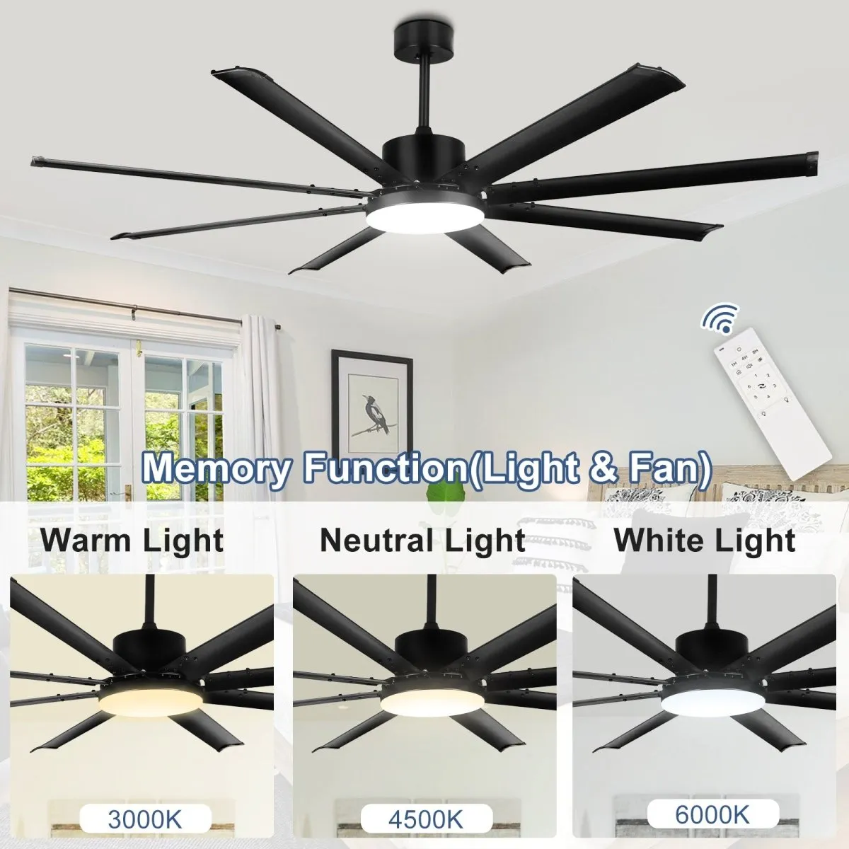 Depuley 72" Large Ceiling Fan with Lights and Remote Control, Farmhouse Black LED Ceiling Fan, Reversible Motor and 8 Blades, 3CCT Selectable Fan Lights for Living Room Porch Patio, 6-Speed, Timer