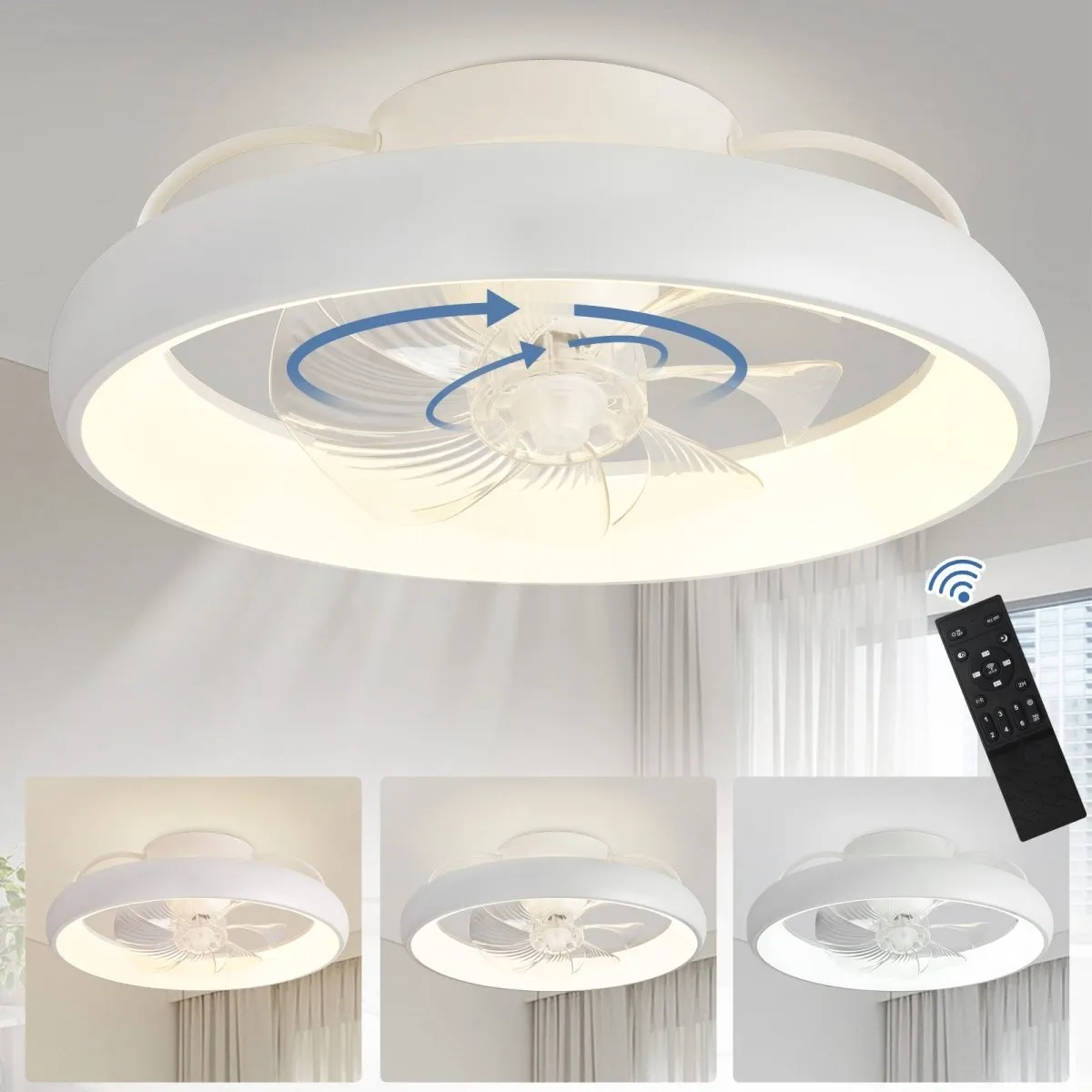 DLLT 360-Degree Rotation LED Flush Mount Ceiling Fan, Modern Low Profile Ceiling Fan with Lights and Remote, Dimmable Reversible Timing, 3CCT Adjustable for Kitchen Bedroom Living Room, White,20 in