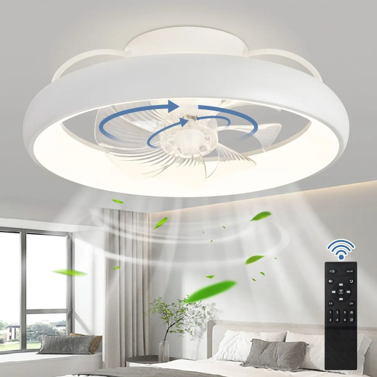 DLLT 360-Degree Rotation LED Flush Mount Ceiling Fan, Modern Low Profile Ceiling Fan with Lights and Remote, Dimmable Reversible Timing, 3CCT Adjustable for Kitchen Bedroom Living Room, White,20 in