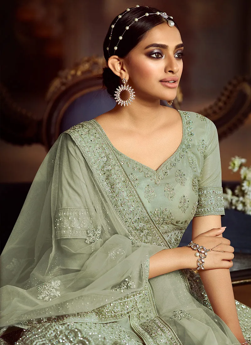 Dusty Green Wedding Lehenga Choli With Handwork Embroidery