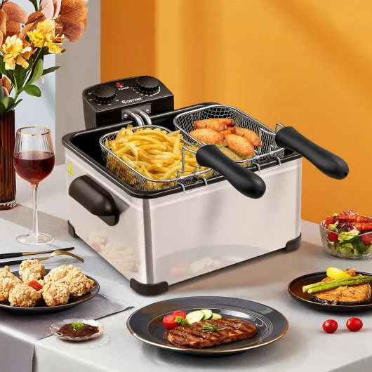 Electric Deep Fryer 5.3QT/21-Cup Stainless Steel 1700W with Triple Basket