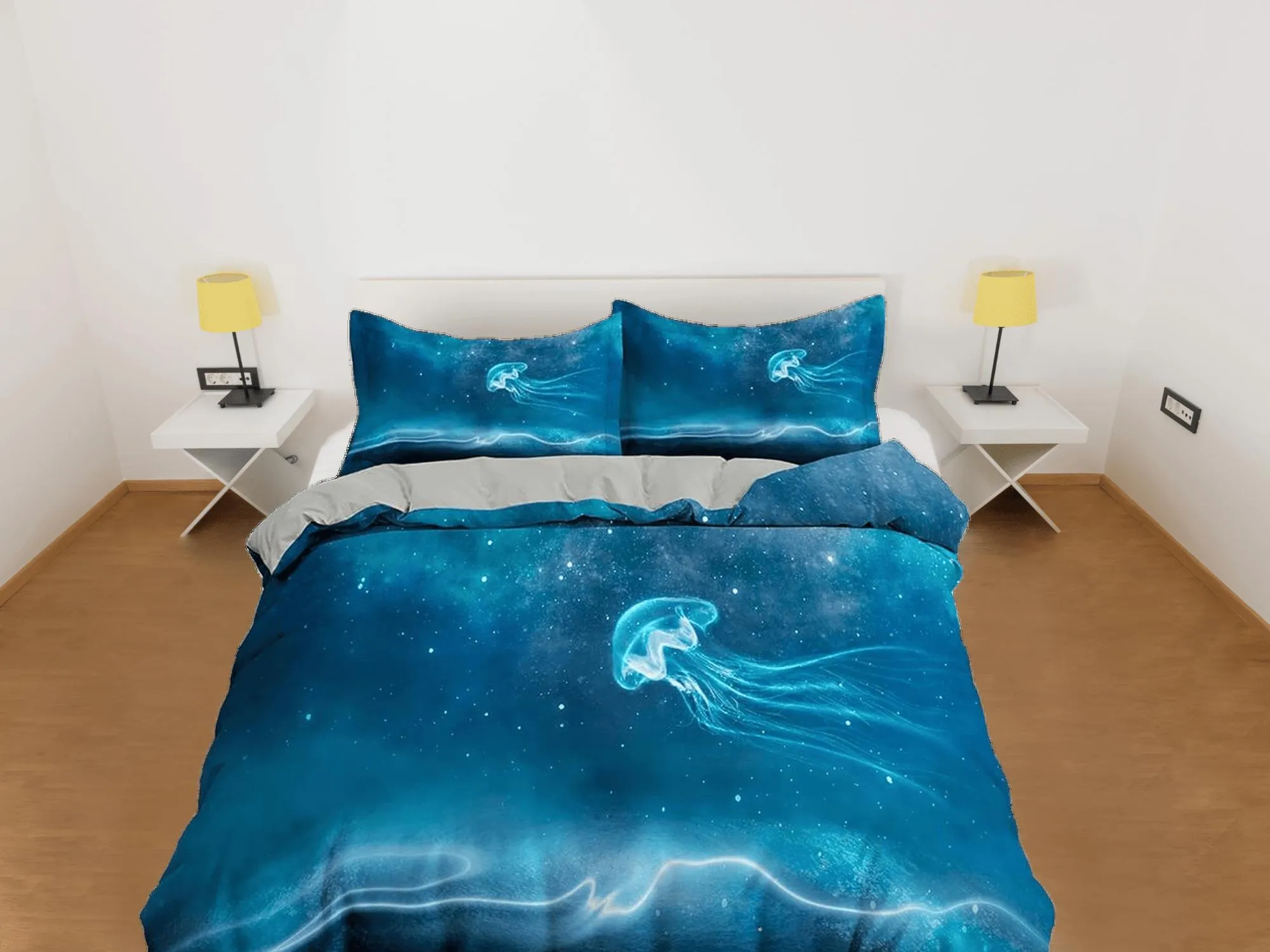 Electrifying jellyfish bedding azure blue duvet cover, ocean blush sea animal bedding set full king queen twin crib toddler, dorm bedding