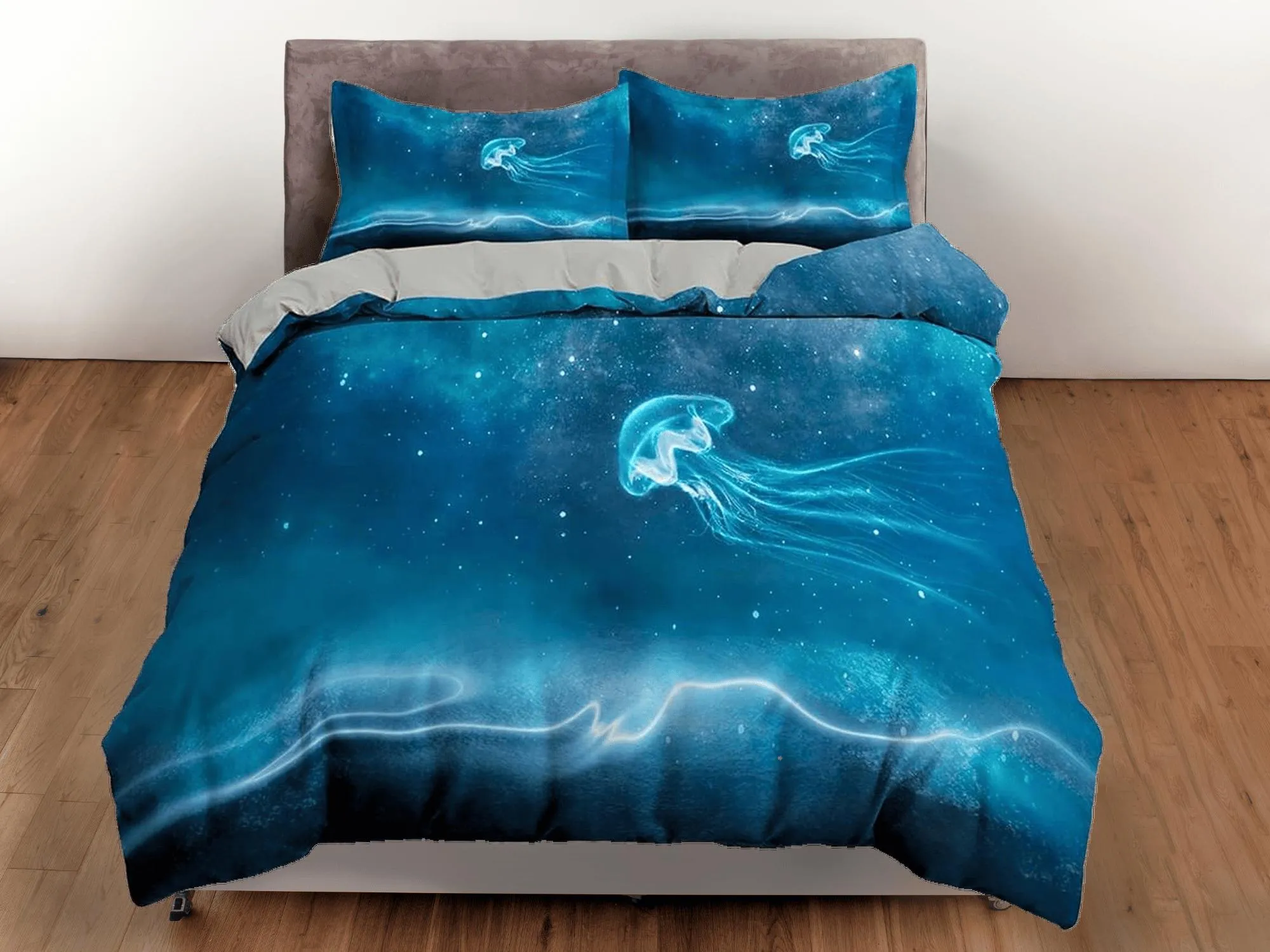 Electrifying jellyfish bedding azure blue duvet cover, ocean blush sea animal bedding set full king queen twin crib toddler, dorm bedding