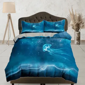 Electrifying jellyfish bedding azure blue duvet cover, ocean blush sea animal bedding set full king queen twin crib toddler, dorm bedding