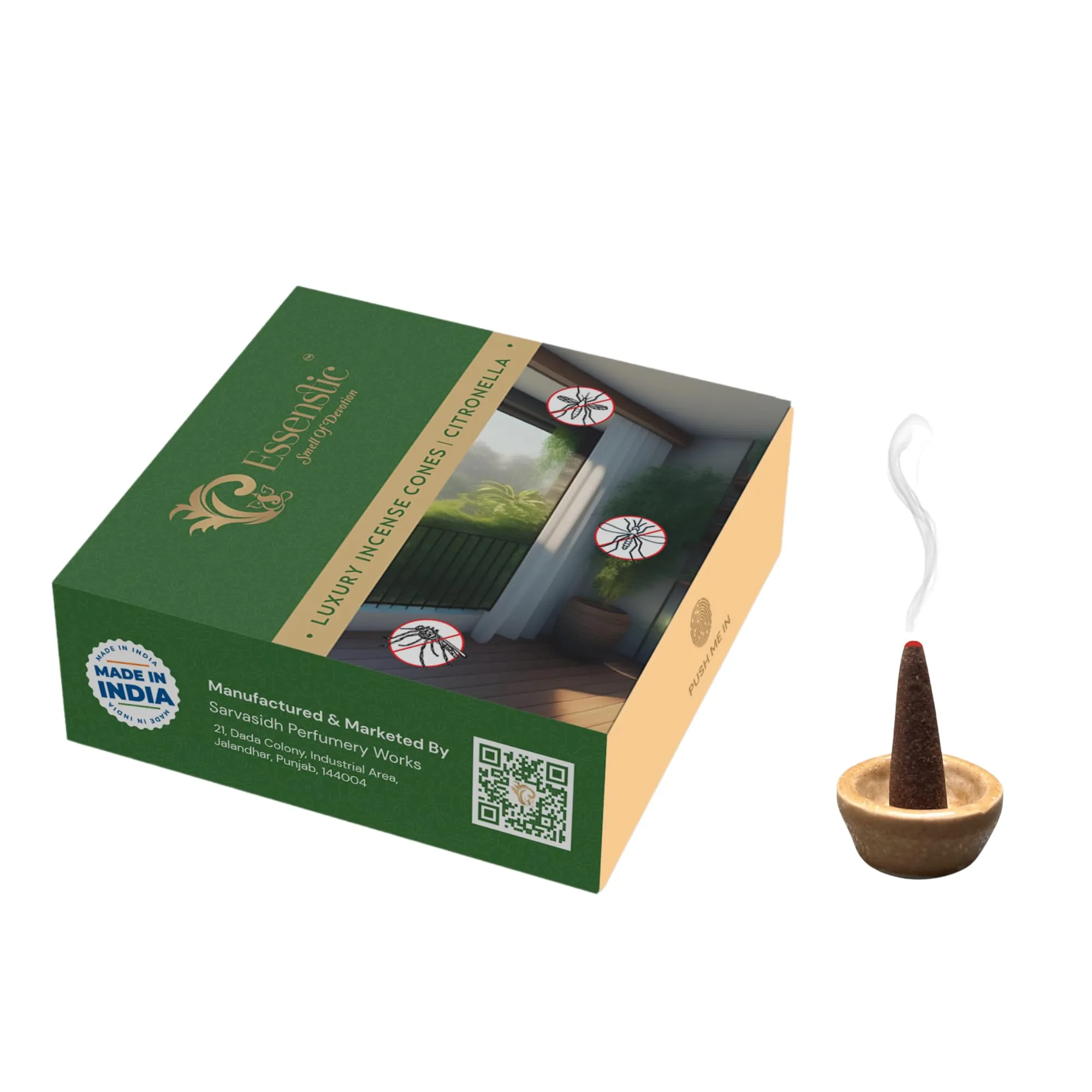 Essenstic 100% Natural Mosquito Repellent Dhoop Cones | Organic Dhoop Cones | Chemical Free Citronella & Lemongrass Incense Cones | Burn Time: 30  Mins | Free Ceramic Cone Holder