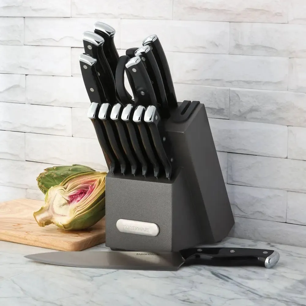 Farberware 14pc Triple Rivet Knife Block Set with Edgekeeper Sharpener Graphite