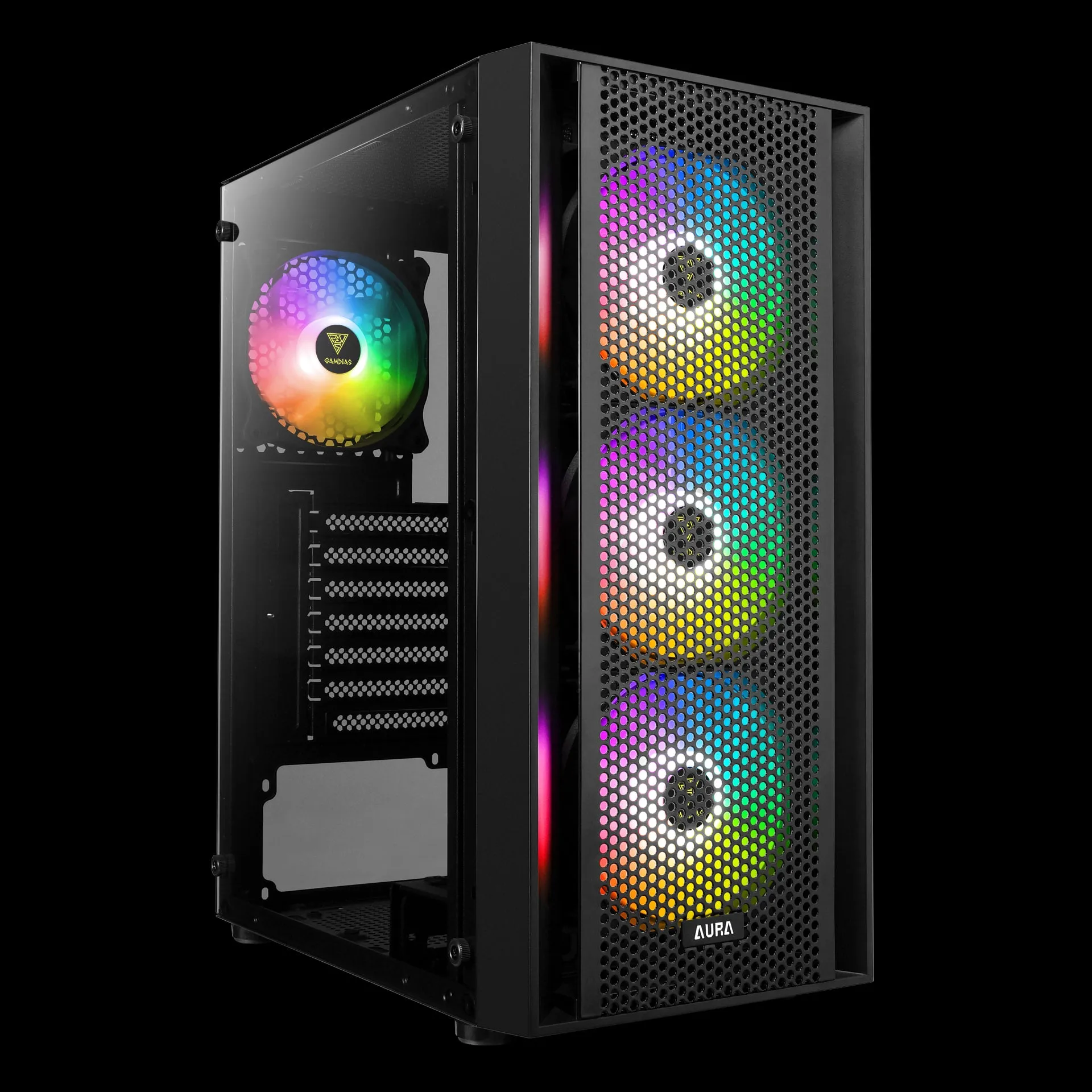 GAMDIAS AURA GC2 Perforated ARGB Tempered Glass Mid Tower (ATX) Gaming PC Casing | Included 4x 120mm ARGB Case Fans