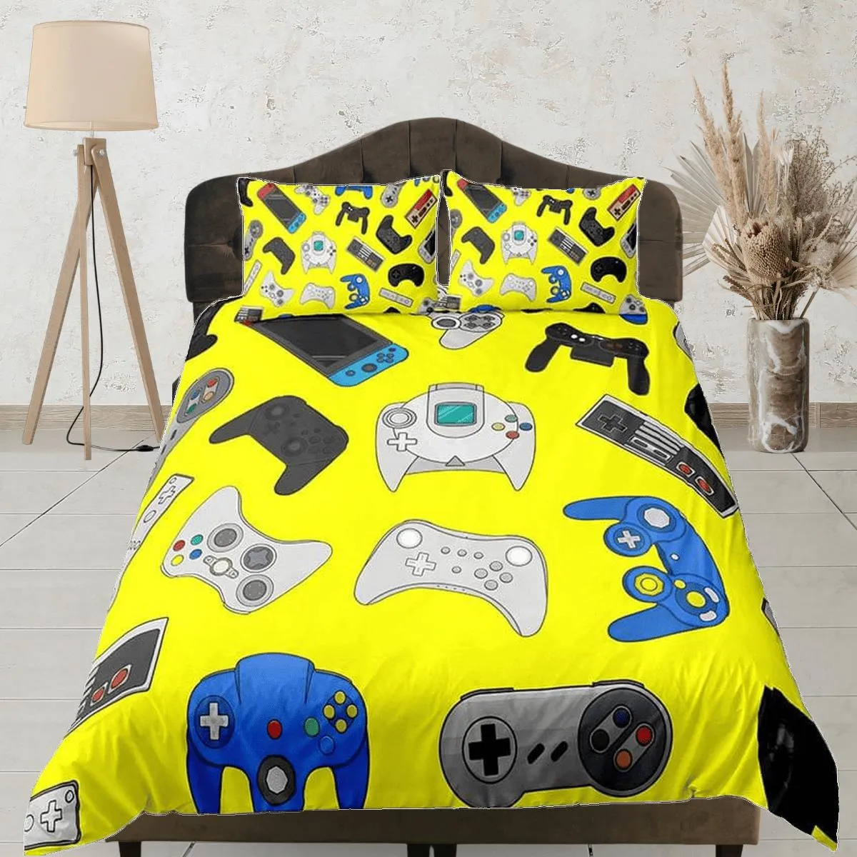 Gamer bedding yellow duvet cover, video gamer boyfriend gift bedding set full king queen twin, boys bedroom, college dorm bedding