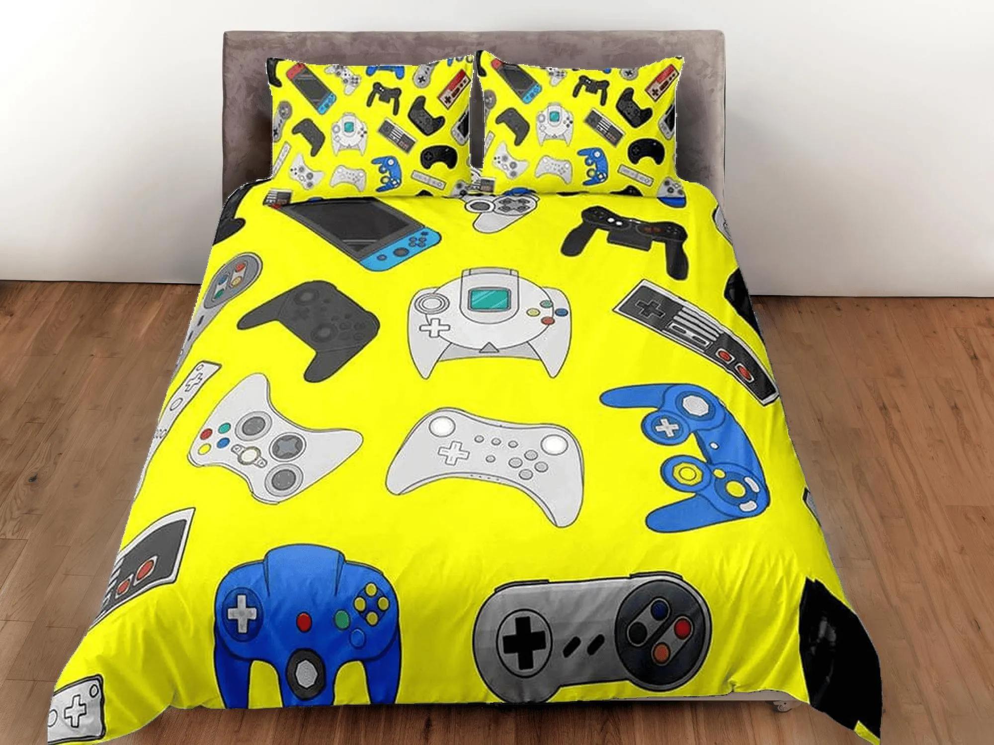 Gamer bedding yellow duvet cover, video gamer boyfriend gift bedding set full king queen twin, boys bedroom, college dorm bedding