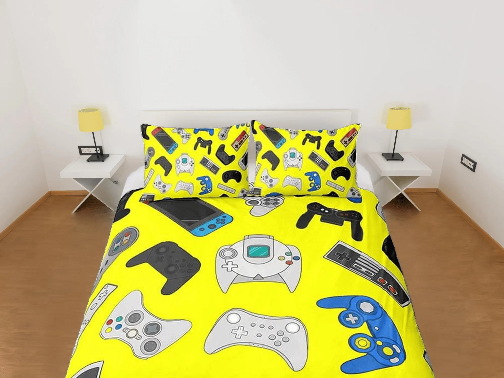 Gamer bedding yellow duvet cover, video gamer boyfriend gift bedding set full king queen twin, boys bedroom, college dorm bedding