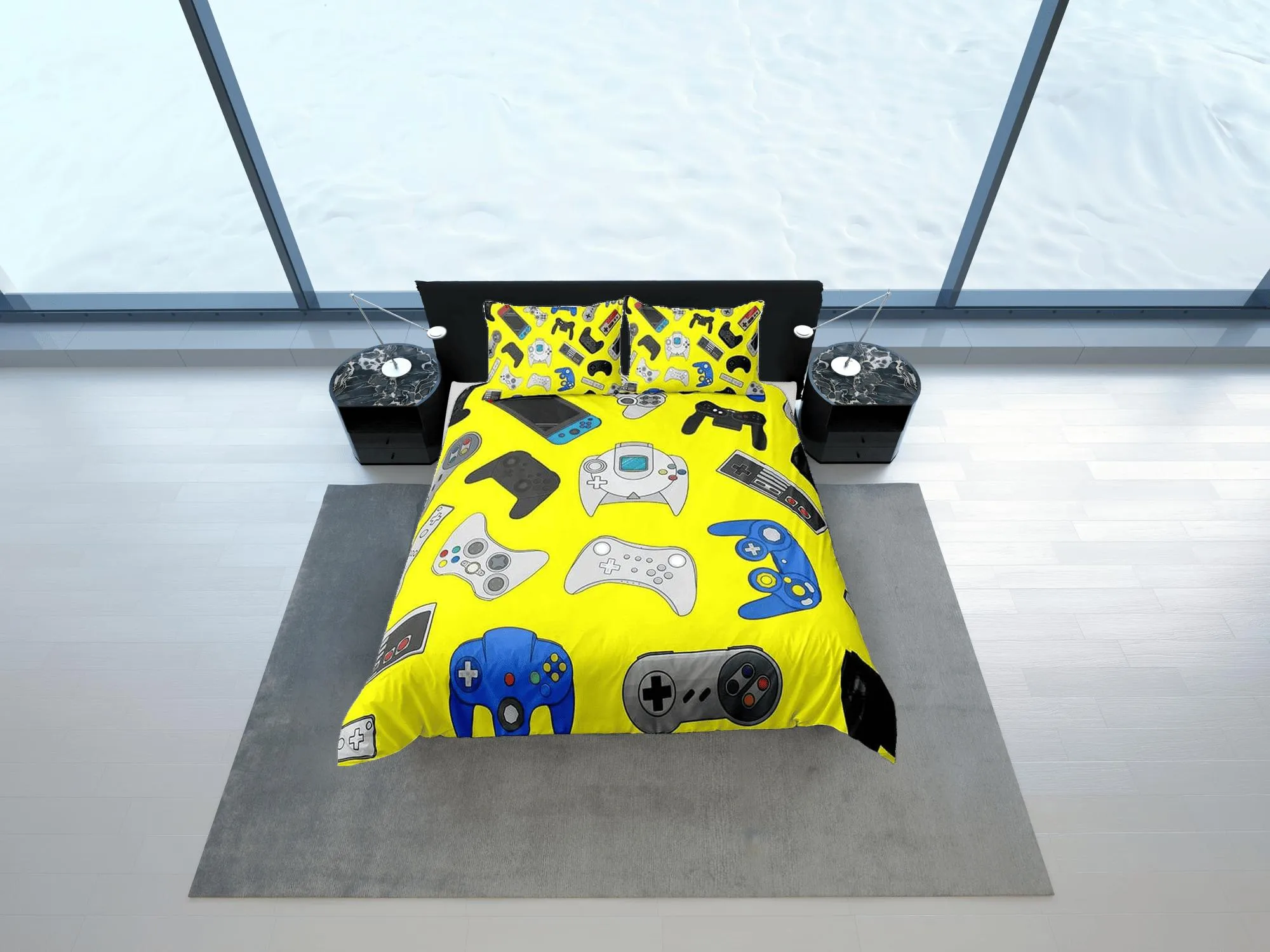 Gamer bedding yellow duvet cover, video gamer boyfriend gift bedding set full king queen twin, boys bedroom, college dorm bedding