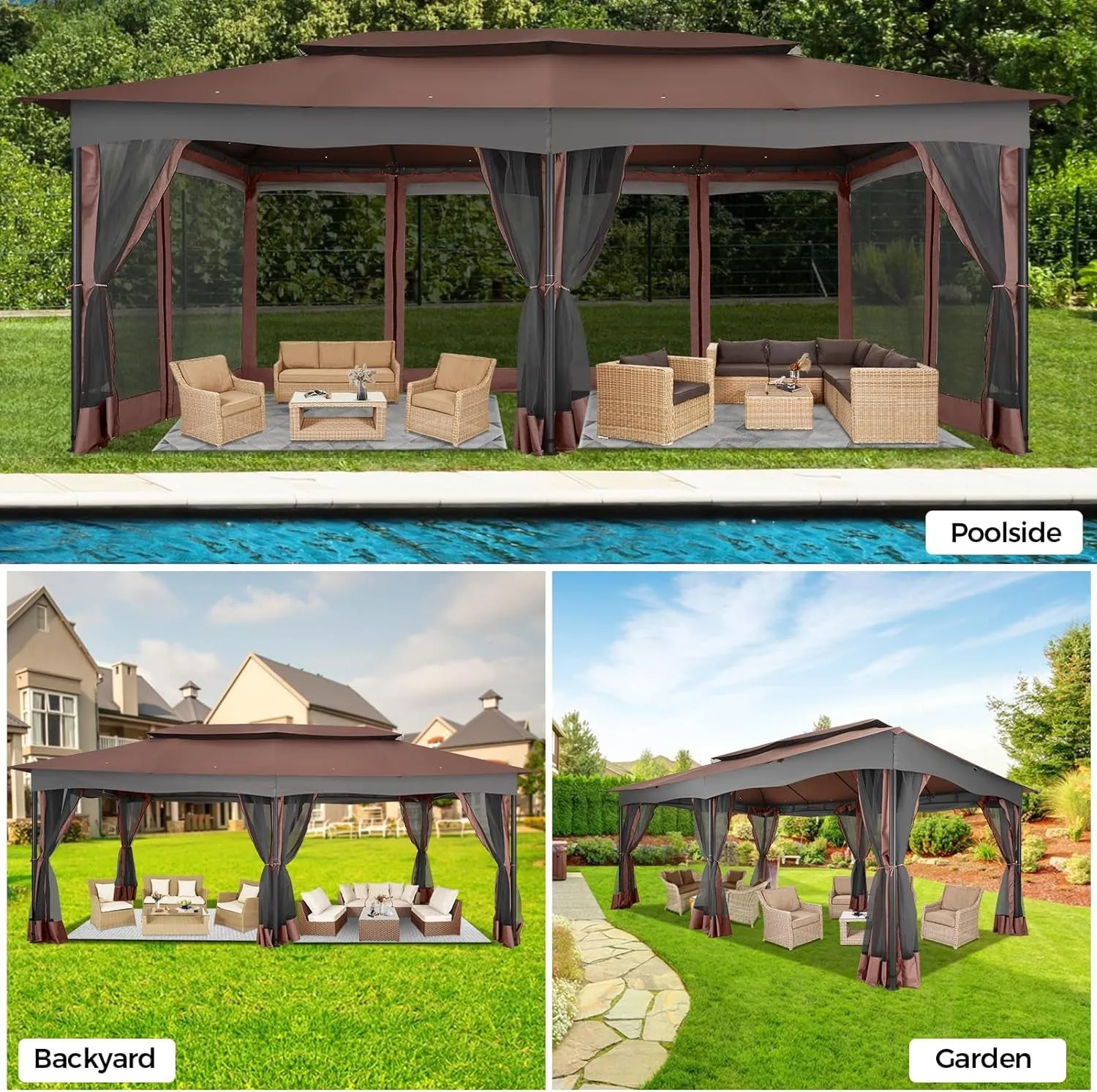 Gazebo 12X20 Heavy Duty Gazebo with Curtain and Netting Outdoor Gazebo Double Roof Patio Gazebo with Metal Steel Frame Gazebo Tent for Patio, Deck, Backyard (Brown, Flat Top, Nettings)