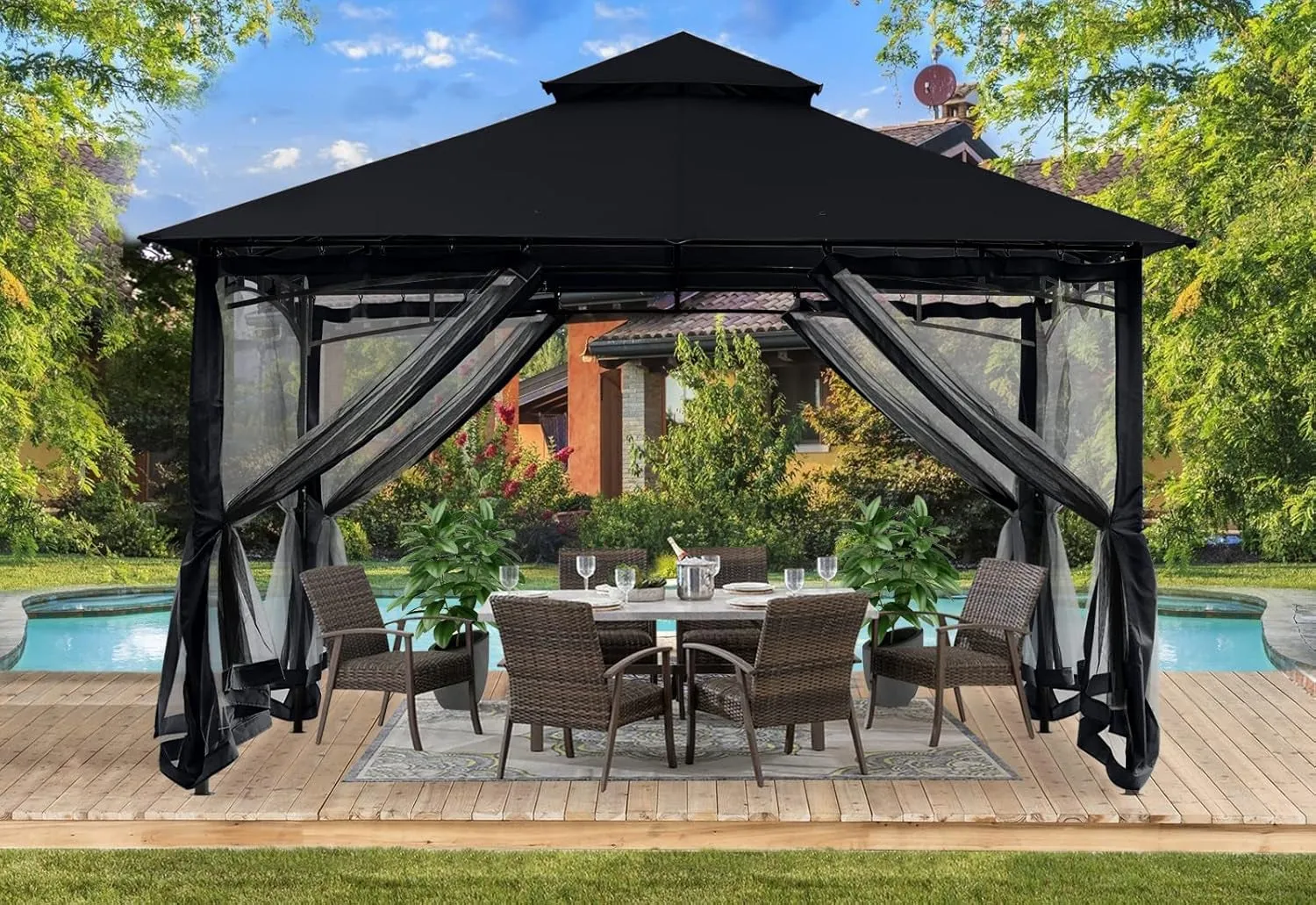 Gazebos for Patios 10X12 - Outdoor Steel Frame Gazebo with Mosquito Netting for Lawn Backyard Garden Deck (Black)