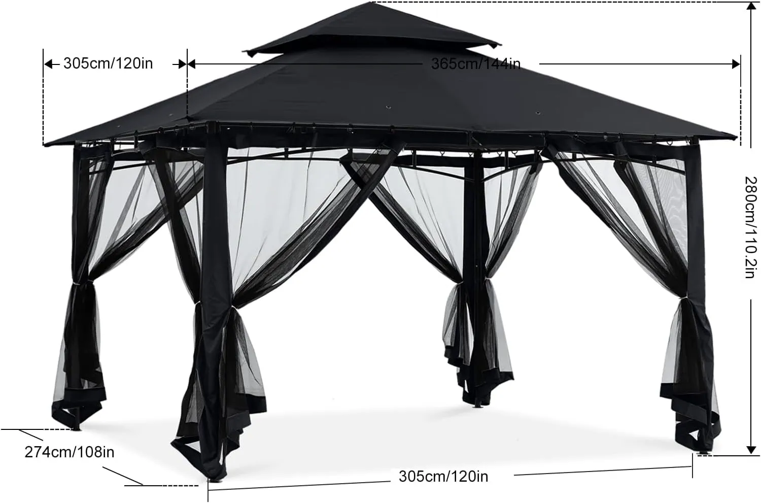 Gazebos for Patios 10X12 - Outdoor Steel Frame Gazebo with Mosquito Netting for Lawn Backyard Garden Deck (Black)