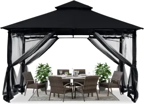 Gazebos for Patios 10X12 - Outdoor Steel Frame Gazebo with Mosquito Netting for Lawn Backyard Garden Deck (Black)