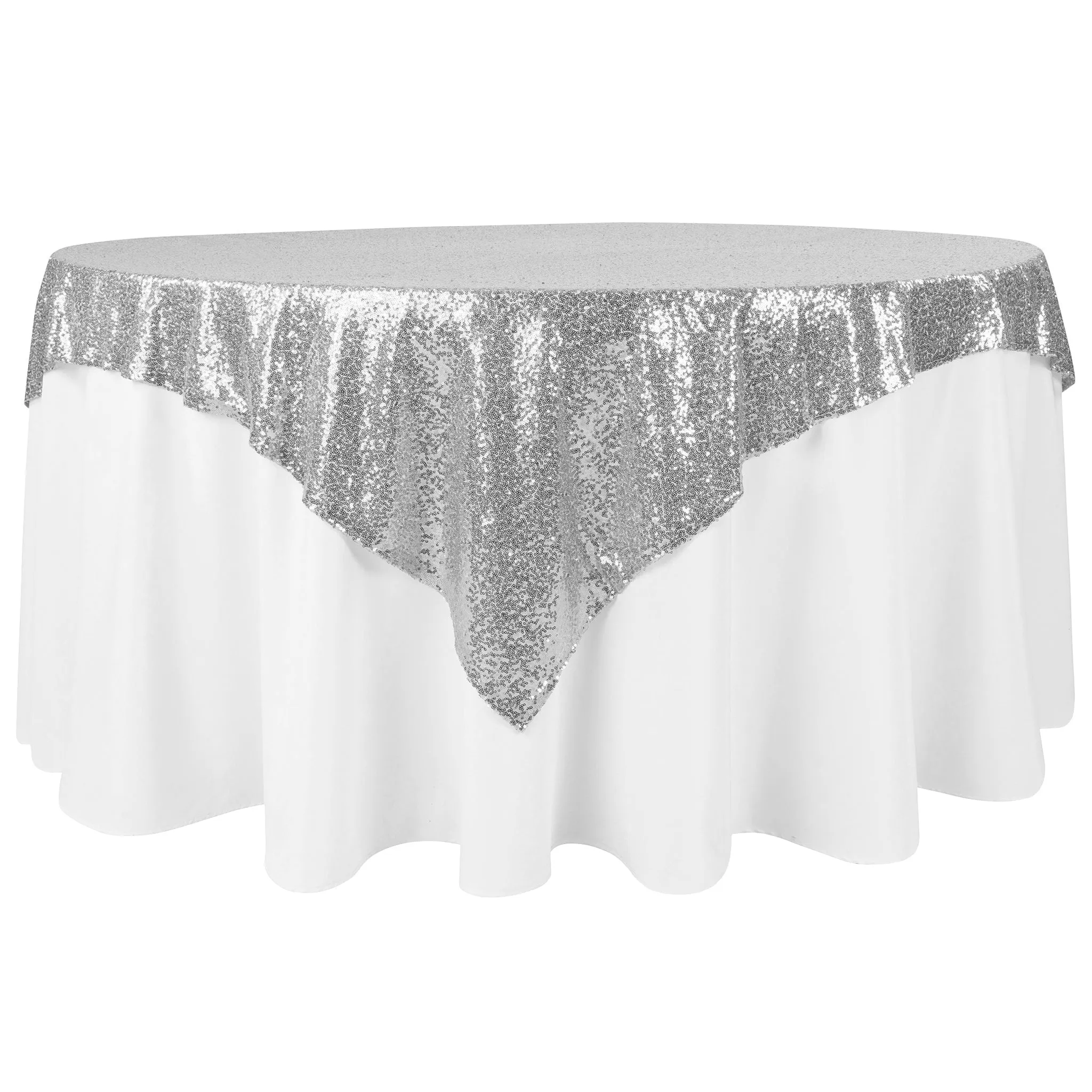 Glitz Sequin Mesh Net Table Overlay Topper 72"x72" Square - Silver