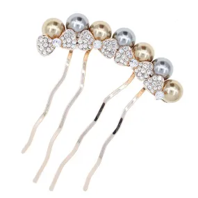 Gold Finish Pearl & Rhinestone Bows Bridal French Twist Comb Champagne