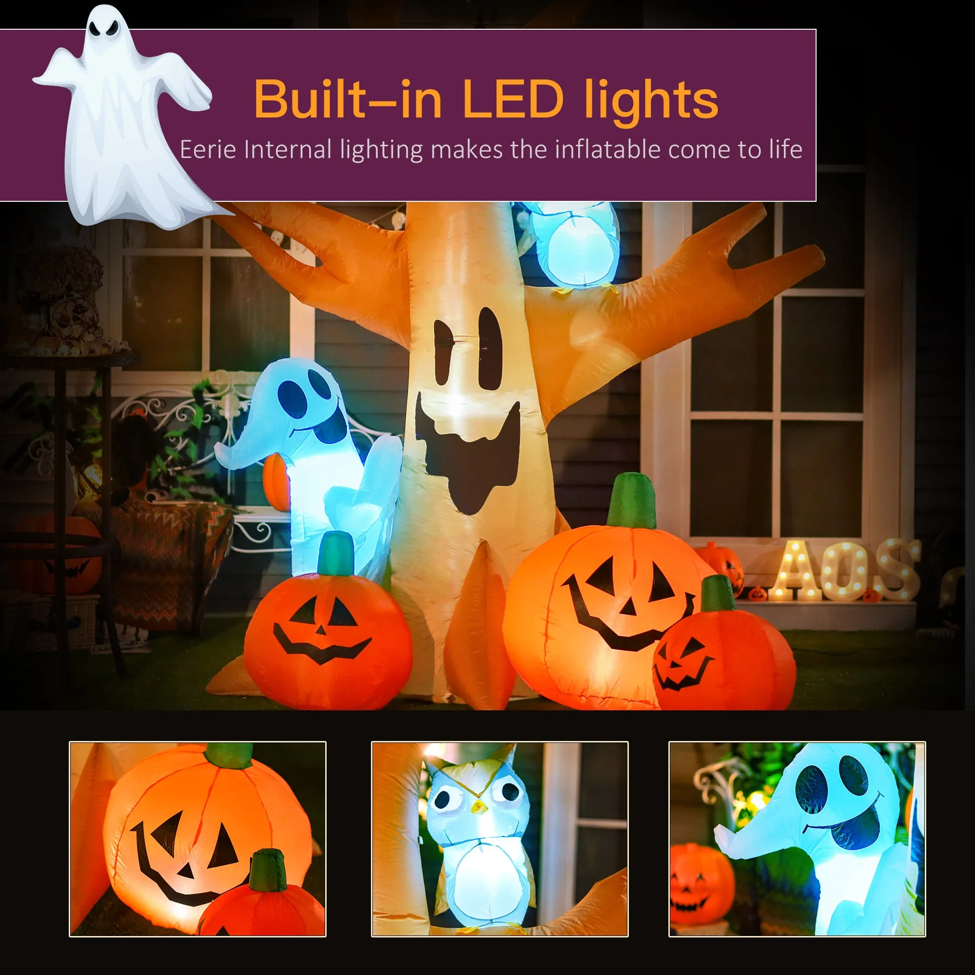 Halloween Inflatable Tree Ghost 3 Pumpkins Owl Lighted 4 LED for Lawn