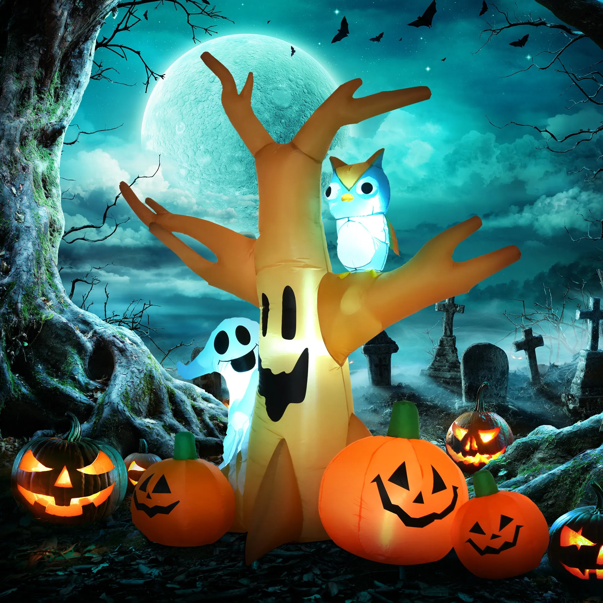 Halloween Inflatable Tree Ghost 3 Pumpkins Owl Lighted 4 LED for Lawn