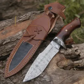 Handmade Damascus Steel Hunting Knife With Rose Wood Handle