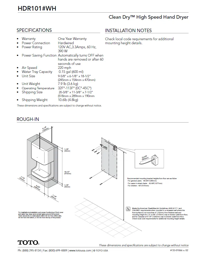 HDR101#WH, TOTO Clean Dry White Automatic High Speed