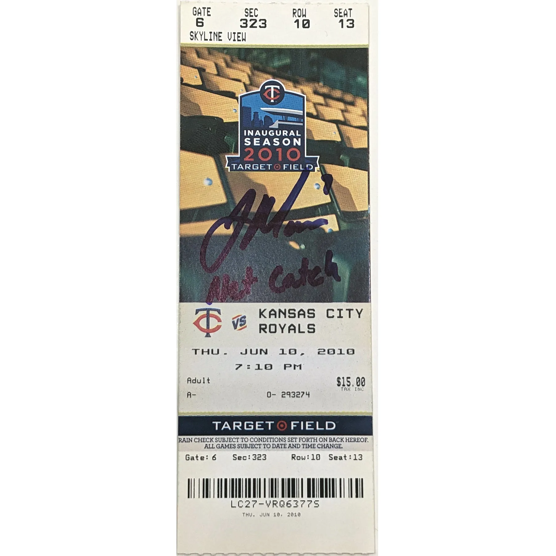 Joe Mauer Autographed and Inscribed Net Catch Original Game Ticket