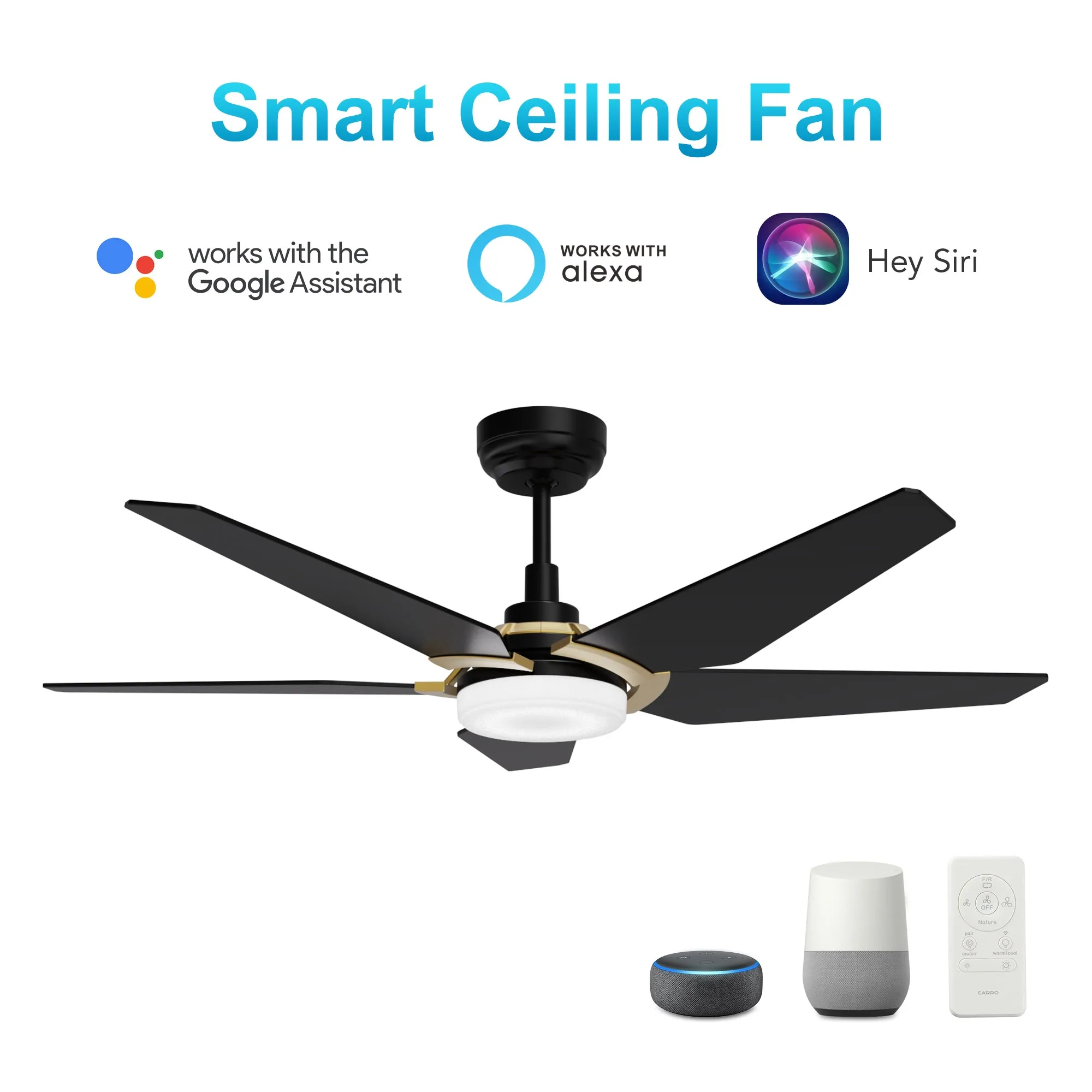 KAJ 52 inch 5-Blade Smart Ceiling Fan with LED Light Kit & Remote - Black/Black (Gold Detail)