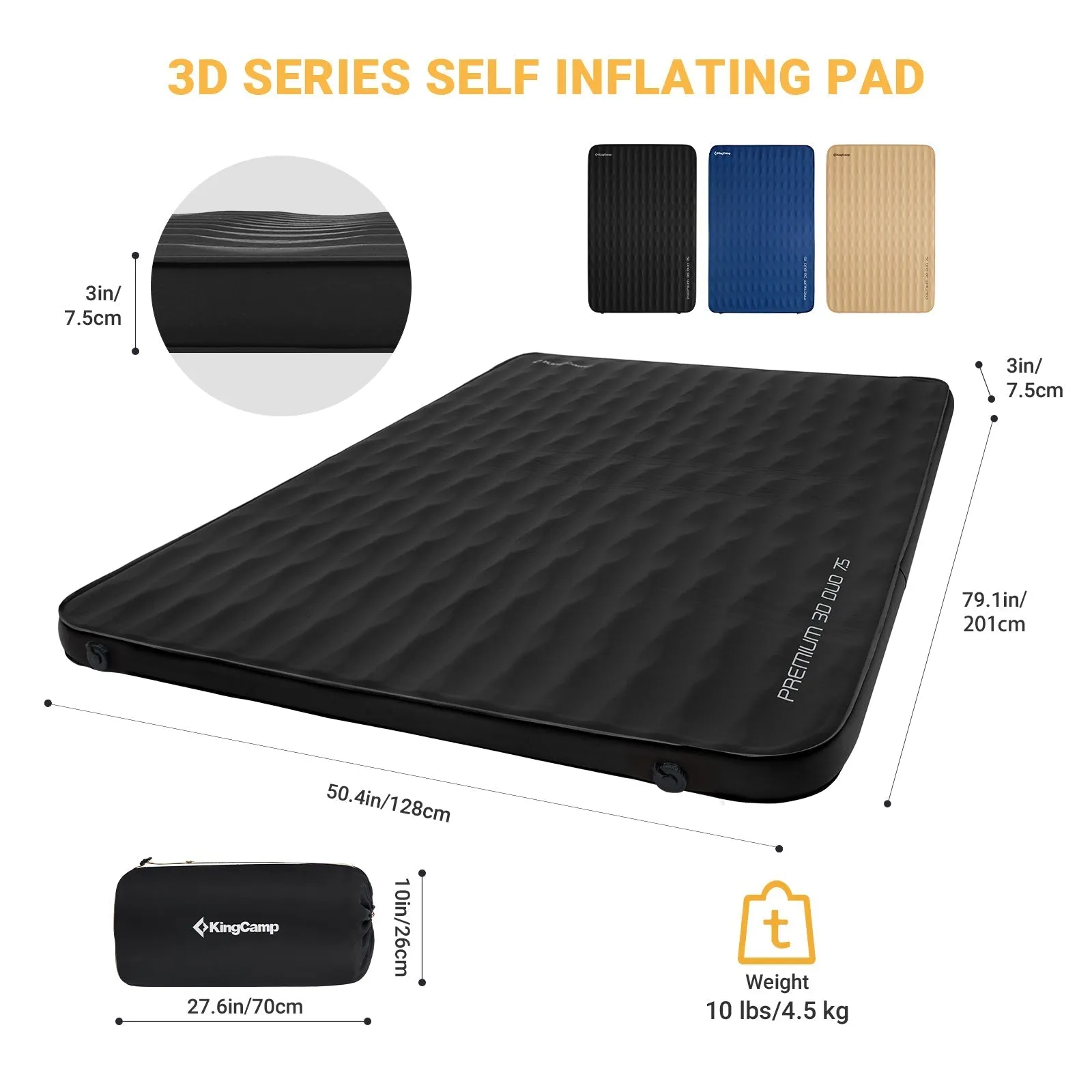 KingCamp Black Double 3D 3" Thick Self-Inflating Sleeping Mattress