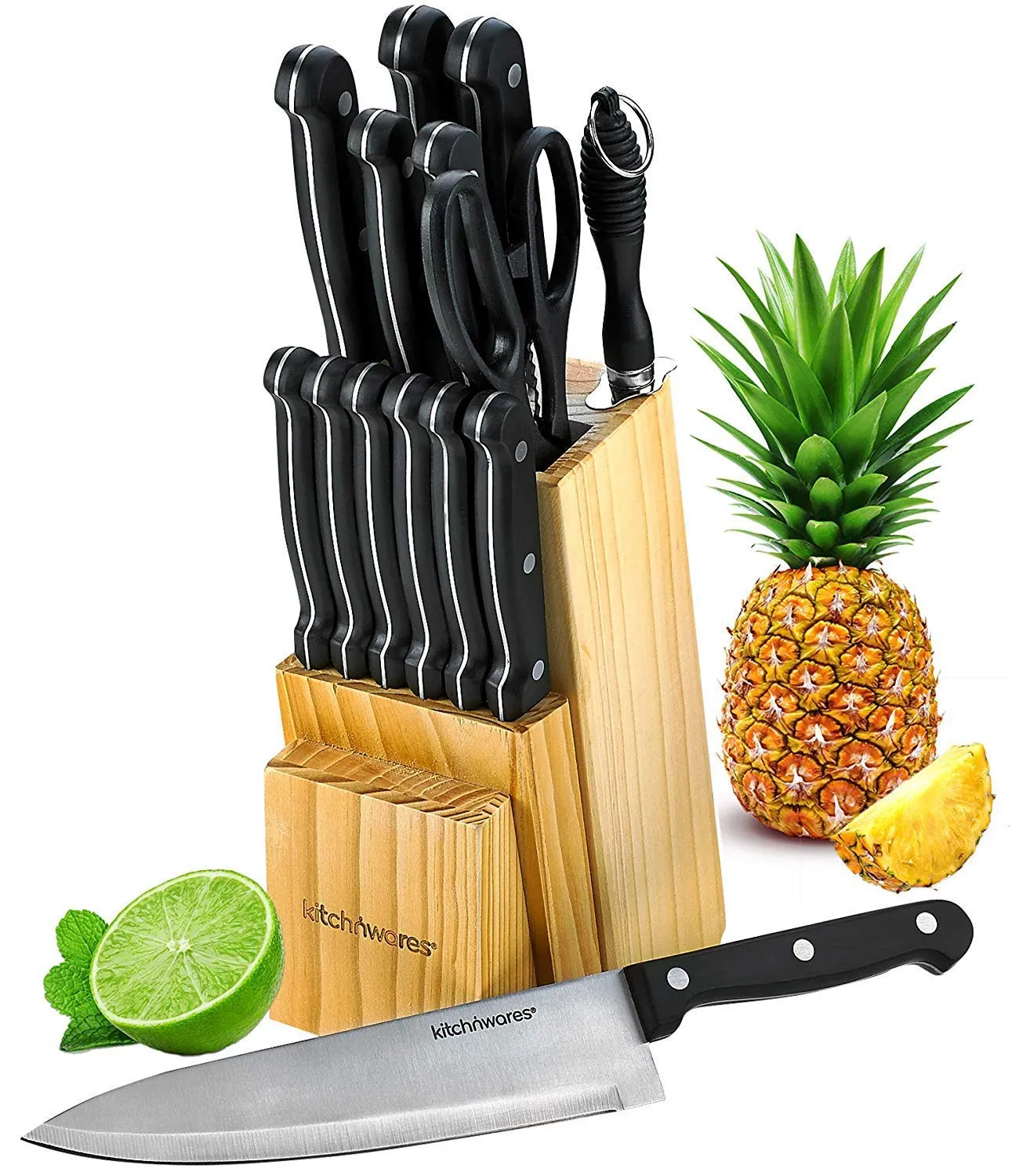 Knife Set With Wooden Block - 15 Piece Set Includes Chef Knife, Bread Knife, Carving