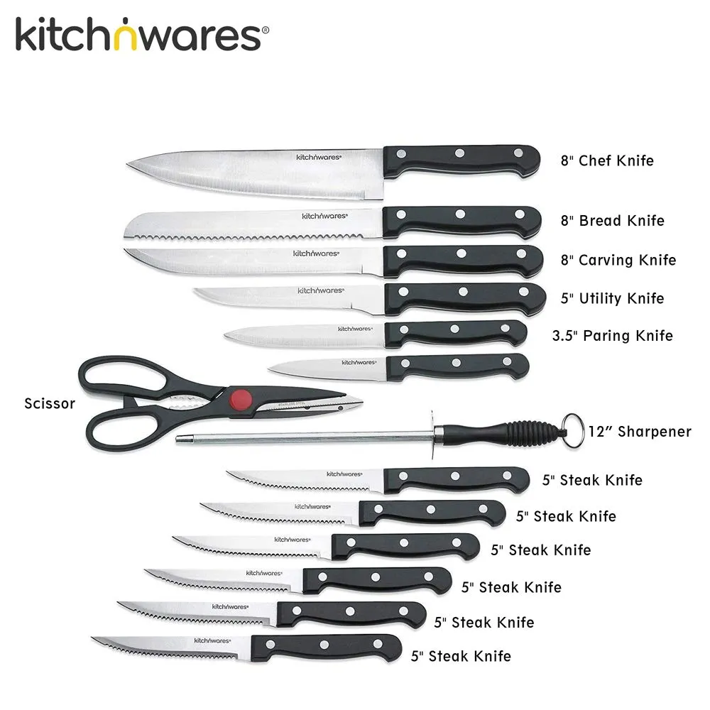 Knife Set With Wooden Block - 15 Piece Set Includes Chef Knife, Bread Knife, Carving