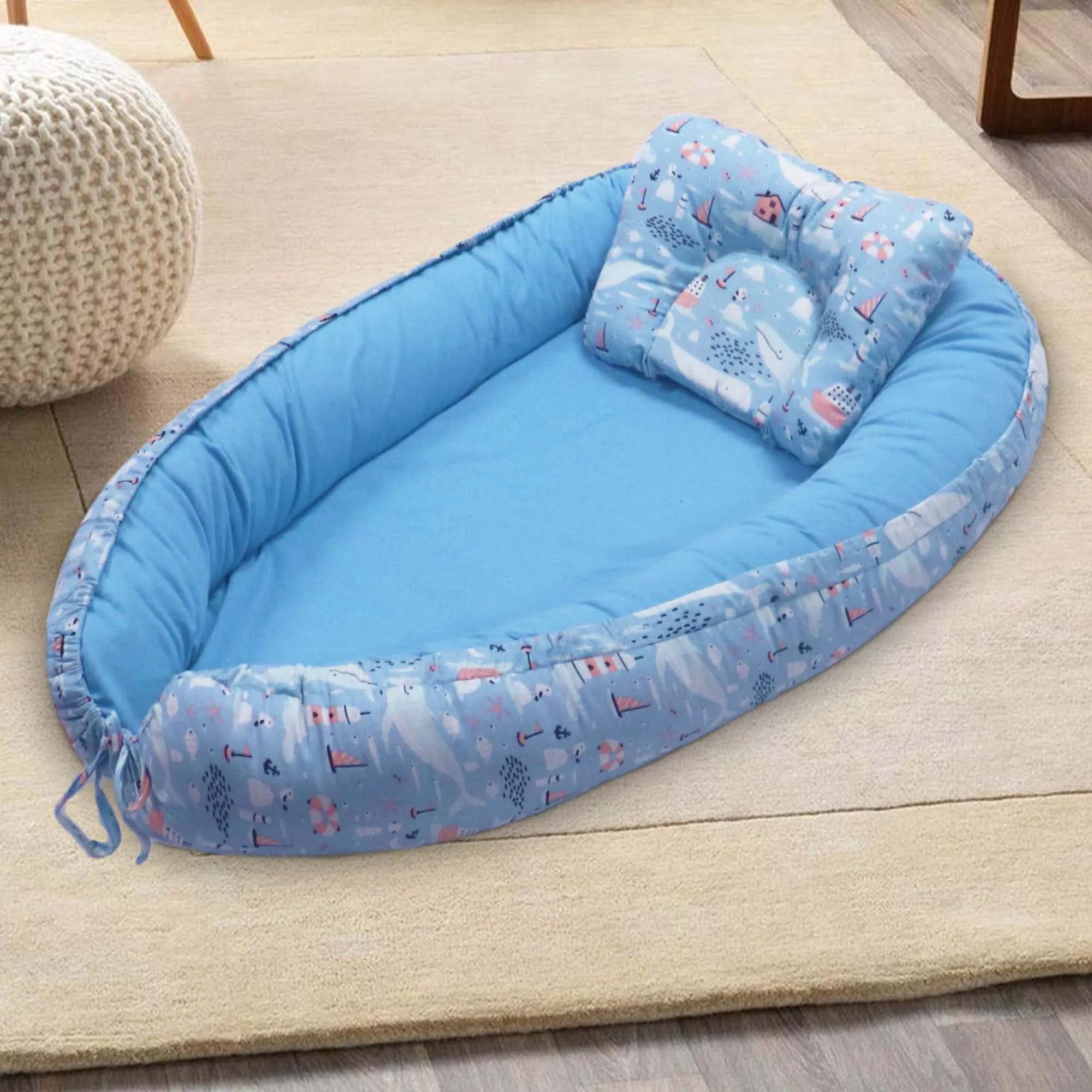 Kradyl Kroft Baby Boat Bed for Babies & Infants | Portable Baby Bedding Set with Pillow | Removable Covers | Double Side Baby Sleeping Bed | Baby Sleeping Pod (Whale)