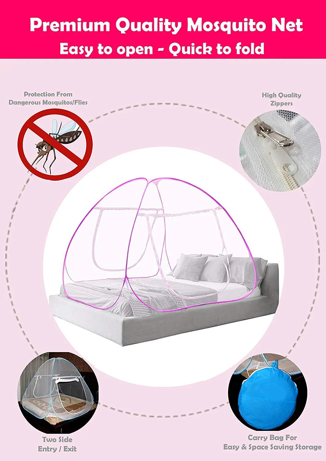 Kuber Industries Mosquito Net For Double Bed|Easily Foldable Machardani|Nylon Strong Net|King Queen Size & Corrosion Resistant|Size 200 x 200 x 145 CM (Pink)