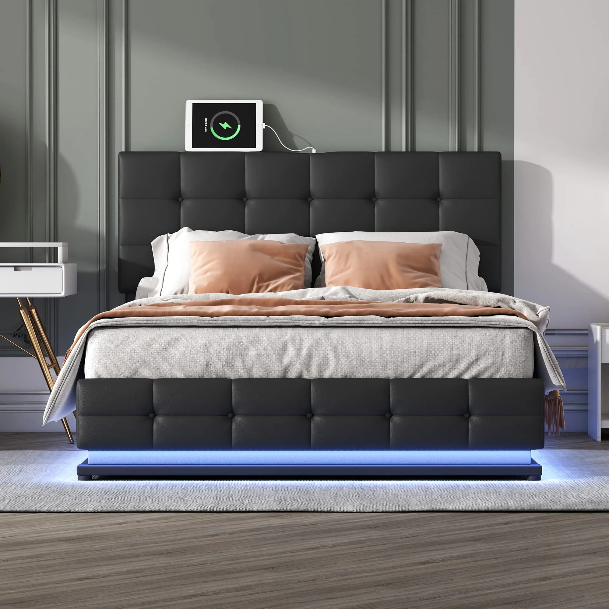 Merax Modern Upholstered Lift Up Bed Frame with LED Lights and USB Charger,PU Leather Tufted Plattform Bed No Box Spring Needed Black