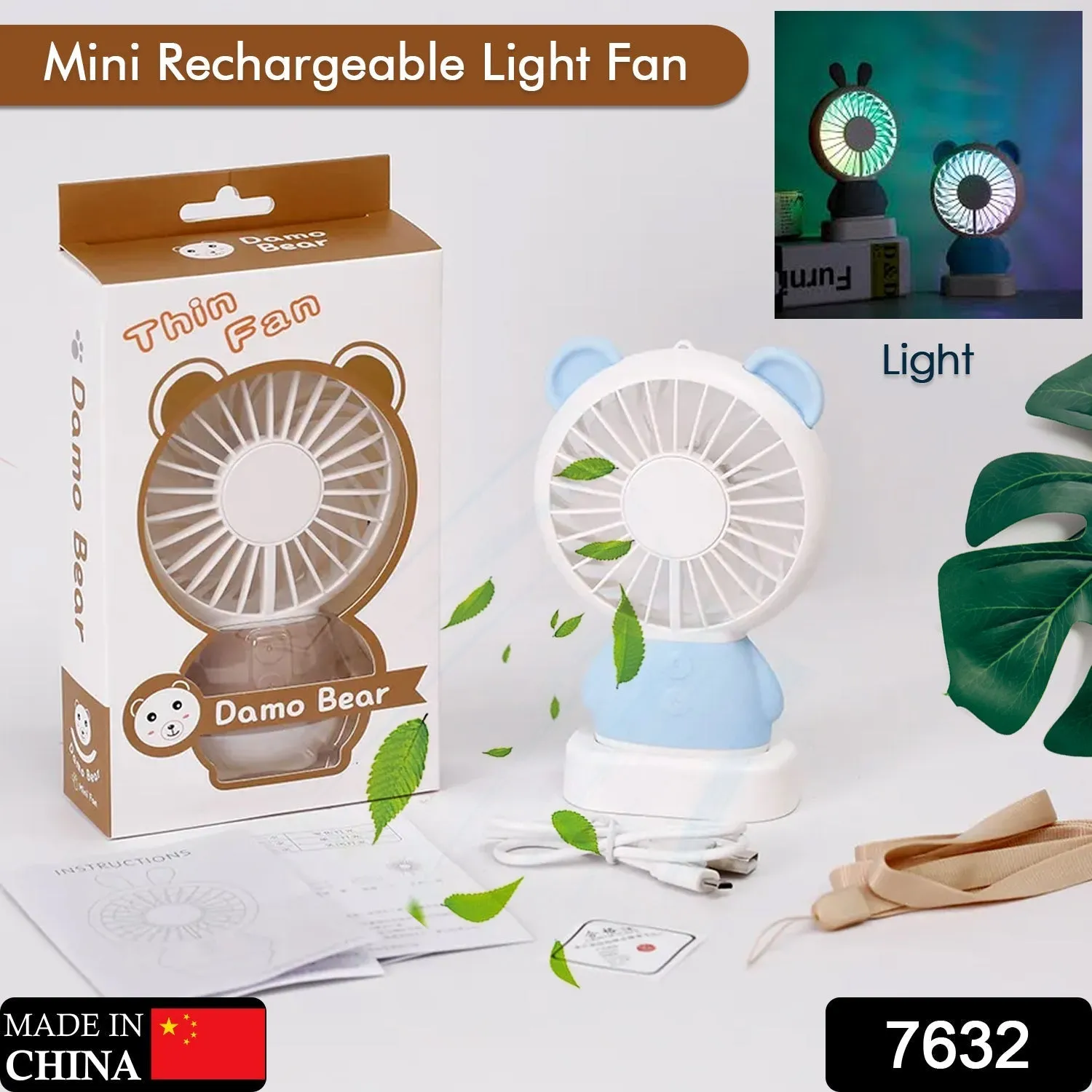 MINI PORTABLE FAN USB RECHARGEABLE HANDHELD BEAR STYLE COLOR CHANGING LED LIGHT POCKET DESK LIGHT FAN (Battery Not Include)